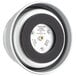 A close-up of a black and white circular mechanical kitchen timer with a screw on the back.