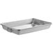 A silver rectangular aluminum baking and roasting pan with handles.