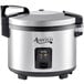 An Avantco silver and black electric rice cooker.