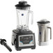 A black and silver AvaMix commercial blender on a counter with a stainless steel and Tritan plastic container on top.