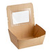 A brown rectangular folded paper take-out box with a clear window.