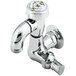 A chrome T&S wall mount sill faucet with a tee handle.