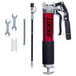 A Lucas Oil heavy-duty dual lever-pistol grip grease gun with a red and black handle.