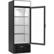 A black refrigerator with a white glass door.