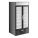 A black Beverage-Air MarketMax glass door freezer with white interior.