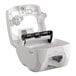 A white plastic box with a clear plastic and black lever containing San Jamar roll towels.