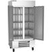 A stainless steel Beverage-Air reach-in refrigerator with two full-width doors.