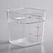 A Carlisle clear polycarbonate food storage container with pink writing.