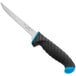 A Schraf boning knife with a blue handle.