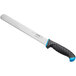 A Schraf serrated slicing knife with a blue handle.
