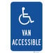 A blue and white aluminum parking lot sign that says "Van Accessible" with a white symbol.