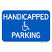 A blue Lavex aluminum sign with white text reading "Handicapped Parking"