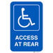 A Lavex blue aluminum parking sign with white reflective lettering and symbols that reads "Handicapped Parking / Access At Rear"
