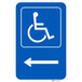 A blue Lavex aluminum parking sign with a white symbol and arrow pointing left.