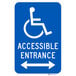 A blue Lavex aluminum sign with white text and a wheelchair symbol reading "Handicapped Parking / Accessible Entrance"