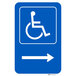 A blue and white Lavex "Handicapped Parking" sign with a white symbol and right arrow pointing to the right.