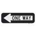 A black and white rectangular sign with a white background and black text that says "One Way" with a left arrow.