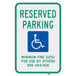 A blue sign with a white wheelchair symbol and green text that says "Handicapped Reserved Parking"