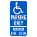 A blue and white Lavex parking sign with white text reading "Handicapped Parking Only" and a white symbol.