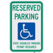 A blue and white aluminum parking sign that says "Handicapped Reserved Parking / State Disabled Parking Permit Required" with a wheelchair symbol.