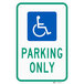 A blue Lavex aluminum parking sign with a white wheelchair symbol.