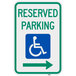 A green and white aluminum parking sign reading "Handicapped Reserved Parking" with a right arrow pointing to the right.