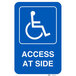 A Lavex blue aluminum parking lot sign with white text and symbols that says "Handicapped Parking / Access At Side"