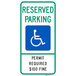 A white diamond grade aluminum parking sign with blue and green text reading "Handicapped Reserved Parking / Permit Required / $100 Fine"