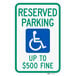 A Lavex aluminum parking sign with green text reading "Handicapped Reserved Parking / Up To $500 Fine" and a white wheelchair symbol.