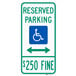 A blue sign with a white wheelchair symbol and green text reading "Handicapped Reserved Parking" with two white arrows pointing to the left.