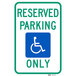 A blue Lavex aluminum parking sign with a white reserved parking symbol and white text that says "Handicapped Reserved Parking Only"