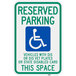 A green and blue Lavex aluminum parking sign with a wheelchair symbol and text that reads "Handicapped Reserved Parking / Vehicles With Dis Or Dis Vet Plates"