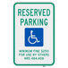 A blue and white aluminum parking sign that says "Handicapped Reserved Parking" with a wheelchair symbol.