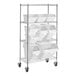 A group of white bins on a metal rack.