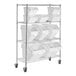 A metal shelving unit with 10 white bins.