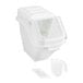A white 6.3-gallon ingredient bin with a clear flip lid, accompanied by a label sheet and a plastic scoop.