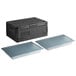 A black plastic CaterGator food pan carrier with two Vigor full-size food pans and lids inside.