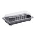 A small rectangular food container with a clear plastic lid and a black base.