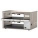 A silver and black MercoMax holding bin cabinet with two shelves.