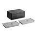 A black insulated food pan carrier with two full-size stainless steel food pans and lids.