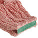 A Rubbermaid red blend wet mop head with a green handle.
