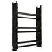 A black metal rack with three shelves and metal rods.