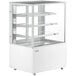 A white Avantco refrigerated bakery display case with glass shelves.