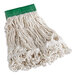 A close-up of a white Rubbermaid Blend Looped End Wet Mop Head with a 5" headband.