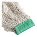 A close-up of a Rubbermaid White Blend Looped End Wet Mop Head with a white headband.