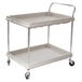 A gray Metro utility cart with two deep ledge shelves and a handle.