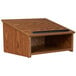 An Oklahoma Sound medium oak tabletop lectern with a black handle.