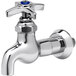 A chrome T&S mop sink faucet with a blue knob.