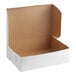 A white, rectangular, cardboard bakery box with an open lid, measuring 14 x 10 x 4 inches.