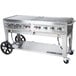 A large stainless steel Crown Verity outdoor rental grill with wheels.